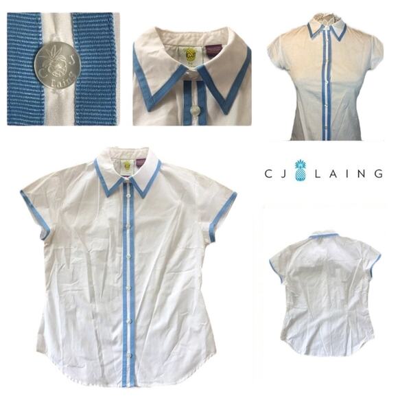 C.J Laing button down white short sleeved blouse / shirt with blue trim size 4 - Picture 2 of 12
